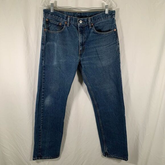 Levis 505 Jeans Mens 34x32 Medium Wash 100% Cotton Fading Front Denim Button - Picture 1 of 12